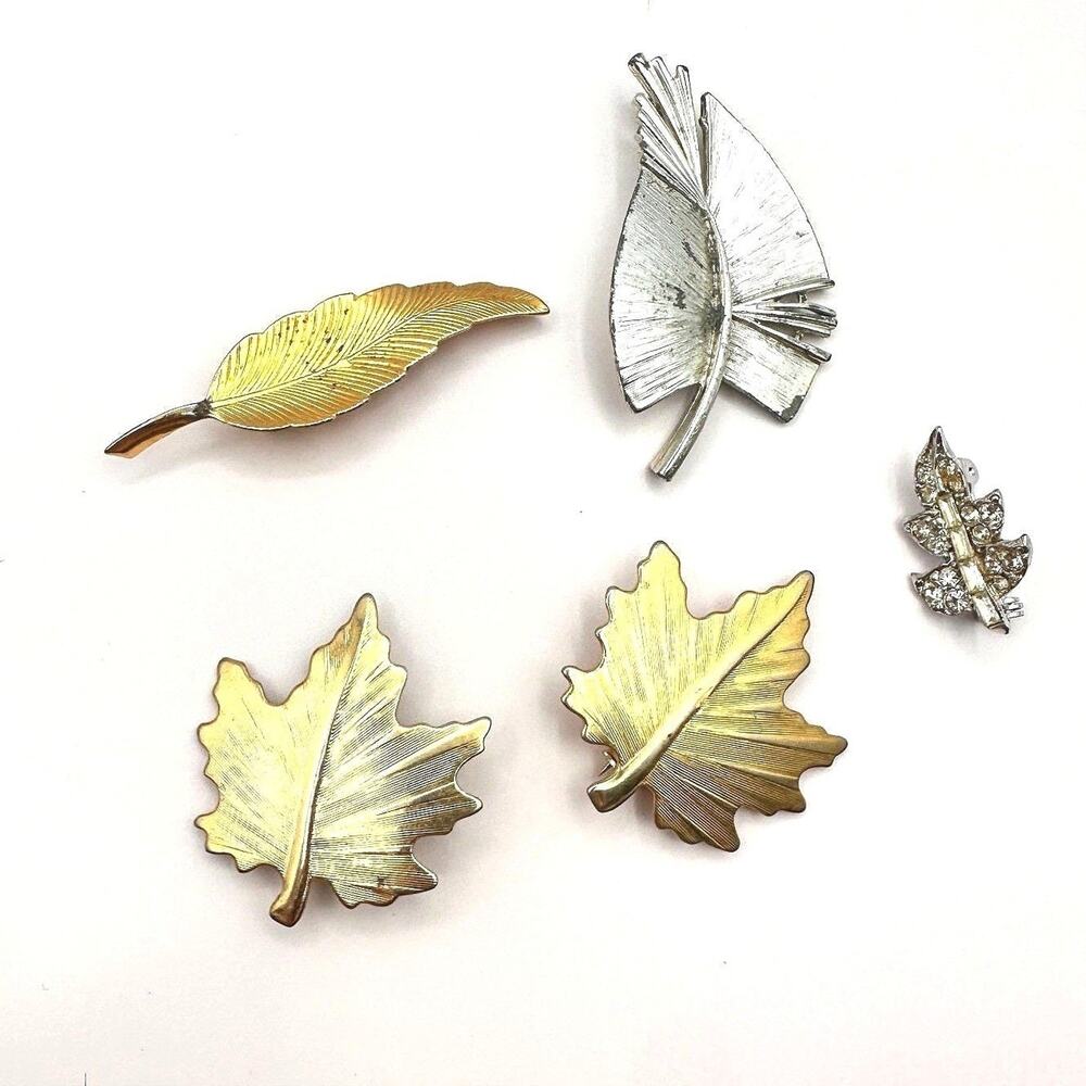 Vintage 80s 90s Leaf Brooch Pin Set Gold & Silver Tone Clear Glass Maple Fall
